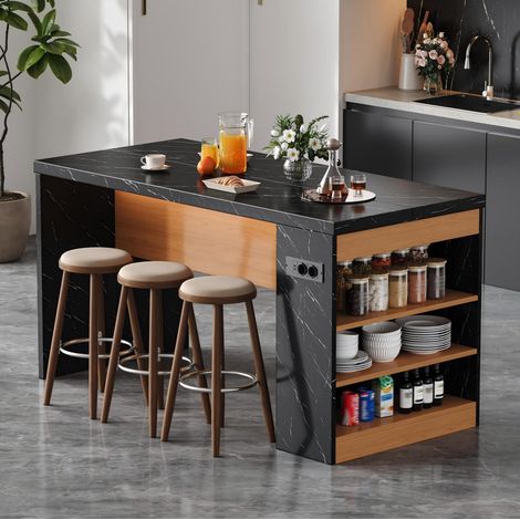 Isola cucina 155x80x90 cm con LED, prese 2xAC + 2xUSB, top 40 mm, MDF, nero e naturale (1/5)