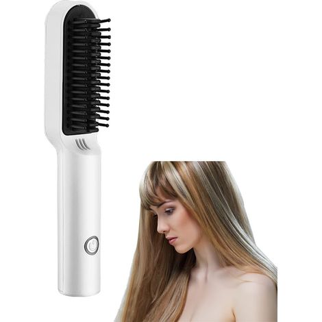 Brosse à lisser sans fil monobloc thermostatique portable fer à lisser et à friser voyage anti-brûlure peigne chauffant électrique rechargeable par USB - blanc (1/2)