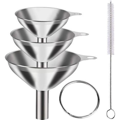 Juego de tres embudos plateados + 1 cepillo de limpieza, vertedor de aceite colgante para la cocina, embudos para vino de tamaño grande y pequeño (1/5)