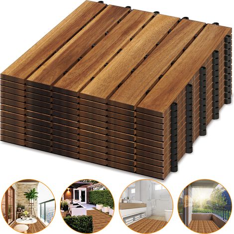 Wolketon 33 Pezzi Piastrelle in Legno Massiccio di Acacia 30x30cm. Piastrelle da Esterno e Interno per Patio Balcone