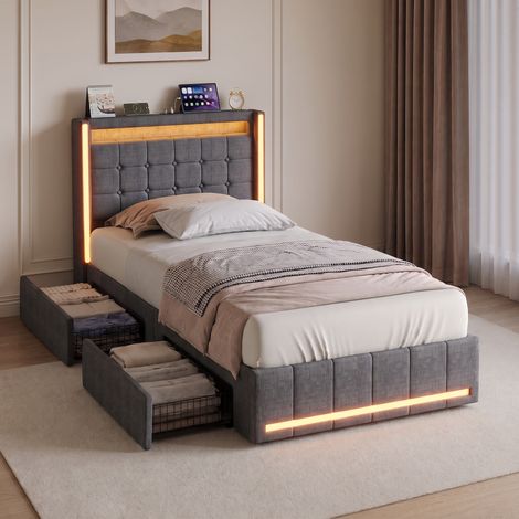 Letto singolo 90 x 200 cm con porte di ricarica USB e Type-C, illuminazione LED su testiera e pediera e 2 cassetti portaoggetti in metallo, grigio (1/5)