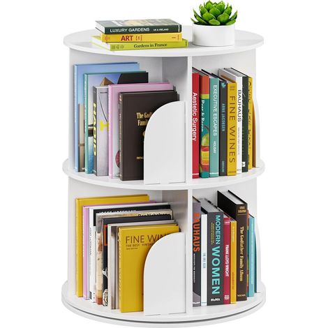 Etagère à Livres rotative, rotative à 360°, étagère de rangement au sol avec cloison pour chambre à coucher, salon, étude, bureau, blanc - 2 niveaux (1/5)