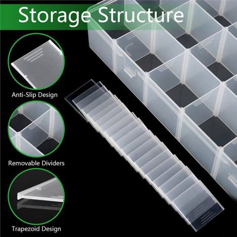 2X Grande Boîte de Rangement en Plastique à 24 Compartiments avec Séparateurs Réglables, Boîte de Rangement Transparente pour, (1/5)