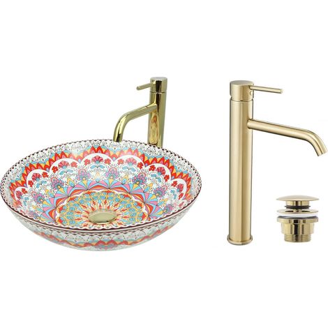 GTM Design Aufsatzwaschbecken 40 cm Glanz Set mit Waschtischbatterie und Stopfen - Aufsatzwaschbecken Oval für Badezimmer - Modernes Waschbecken ohne Hahnloch - Waschbecken mit Armature (1/5)