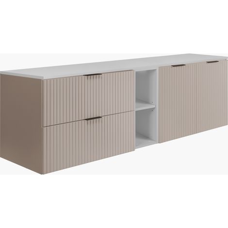Set da bagno: mobile con cassetti, mobile con ante e ripiano 57×46×180 cm, colore: bianco / cashmere, maniglia nera (1/5)