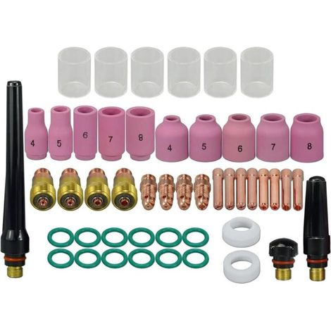 TIG lentille à gaz trapue et corps de pinces 17GL020 17CB20 tasse en verre 10 16mm Kit de tailles assorties WP17/18/26 torche de soudage TIG 49 pièces (1/4)