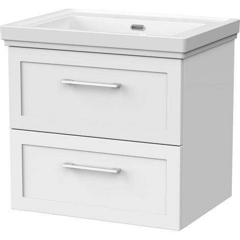 Stonnall Traditional Wall Hung 2 Drawers Vanity Unit with Traditional 0 Tap Hole Fireclay Basin, 600mm, Matt White