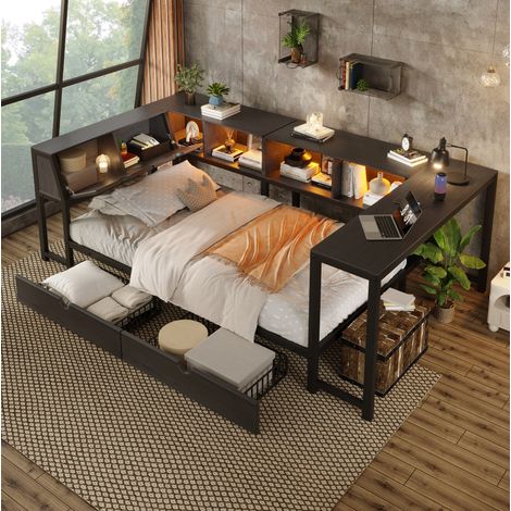 Letto singolo 90x200 cm in metallo, con scrivania, 2 cassetti, LED e testiera contenitore, nero (1/5)