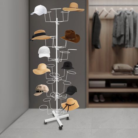 Présentoir à chapeaux à 6 niveaux, support rotatif à 30 crochets avec roulettes verrouillables, organiseur commercial réglable pour casquettes, chapeaux de paille, perruques,blanc (1/5)