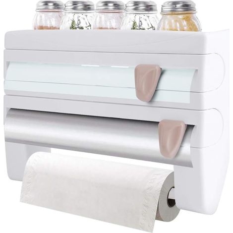 Dérouleur Mural Distributeur Papier Aluminium Et Film Devidoir Essuie Tout Mural avec Lames tranchantes dévidoir Mural Porte essuie Tout Support de Rangement Cuisine (Blanc) (1/5)