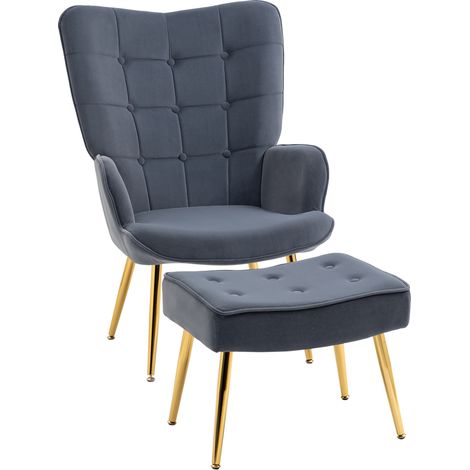 Fauteuil gris foncé capitonné avec repose-pieds, dossier haut, piètement doré en acier, revêtement velours, pour salon.