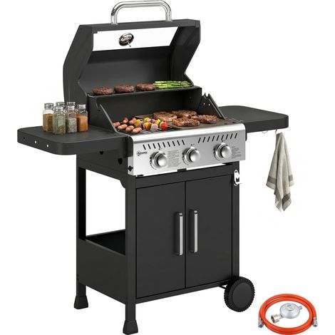 Outsunny barbacoa de gas con 3 quemadores 7,5 kw termómetro mesas laterales armario rejilla calentadora parrilla plancha tapa con ventana y ruedas