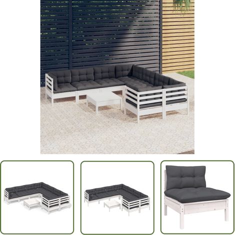 The Living Store Salon de jardin 9 pcs avec coussins blanc bois de pin - Ensemble Salon De Jardin - Mobilier De Jardin - Salon De Patio - Meubles Exterieur - Chaise Longue (1/5)