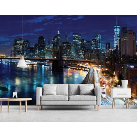 Fototapete Stadt bei Nacht Panorama, für Wohnzimmer und Schlafzimmer, 150 x 105 cm – Komplettset inkl. Kleister & Anleitung (1/5)