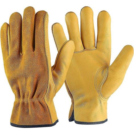 Gants de travail en cuir de vachette, pour conducteurs, bricolage, jardinage, stockage, travaux agricoles, multifonctions (XL, jaune) (1/5)