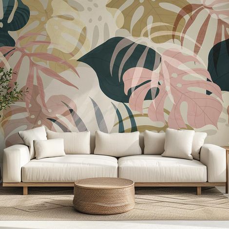 Papier peint feuillage pastel tropical doux et lumineux papier peint