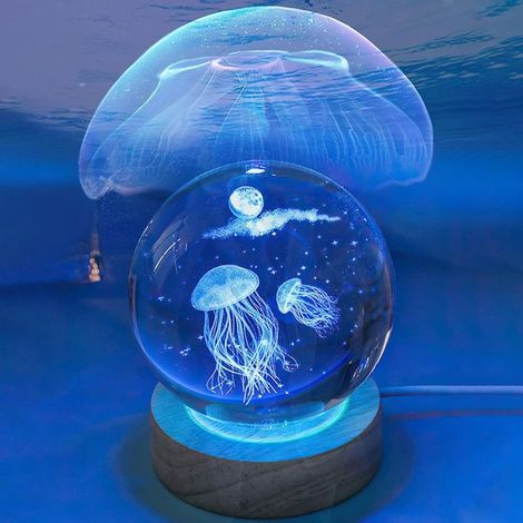 Veilleuse Boule de Cristal 3D, 6cm USB Lampe de Nuit Boule de Verre avec Base en Bois, Lampe Boule de Cristal Lumineuse,Dauphin (1/5)