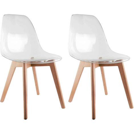 Ac-Deco – Lot de 2 chaises transparentes scandinaves – Assise rigide ultra-confortable – Pieds en bois brut – Pour décoration moderne (1/10)