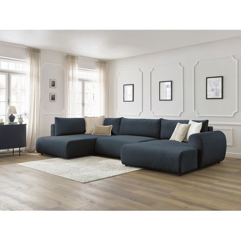 BOBOCHIC - Canapé panoramique convertible coffre LUCIEN tissu lisse Angle droit  Bleu foncé (1/5)