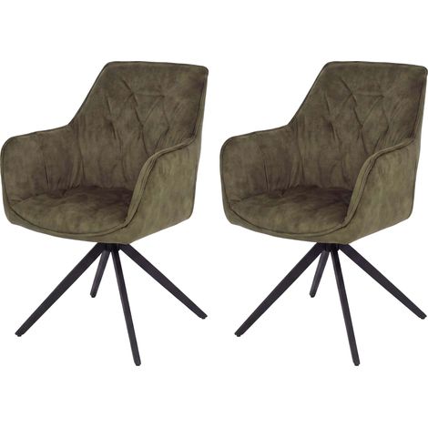 [NON UTILIZZATO] Set 2x sedie poltroncine con seduta girevole HHG-134 riposizionamento automatico seduta acciaio velluto, verde oliva