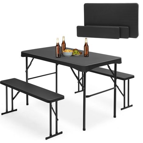 Ensemble de tente à bière pliable en plastique Ensemble de table à manger 110 cm avec 2 bancs pour 4 personnes Ensemble de chapiteau pour l'intérieur et l'extérieur, noir (1/5)