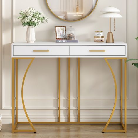Console table, hallway table with 2 drawers, light luxury style side table, sofa table, 110x32x85 cm, white/gold