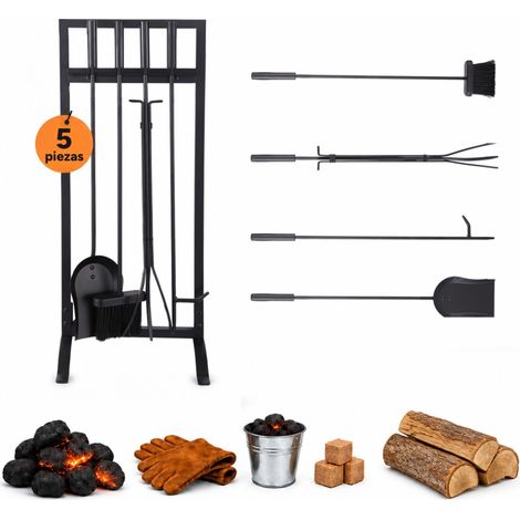 Juego de herramientas para chimenea Relaxdays, 5 piezas, atizador, pala, escobilla, tenazas y soporte, hierro, negro (1/5)