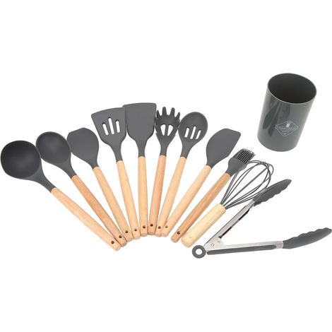 Ensemble de 12 ustensiles de cuisine ergonomiques avec manches en bois et revêtement en silicone, gris foncé. (1/5)