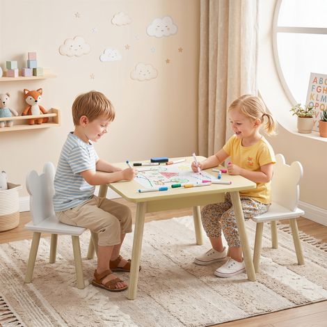 Ensemble table et 2 chaises pour enfants en bois avec compartiments et tableau noir amovible 60 x 60 x 44 cm Naturel et blanc (1/5)