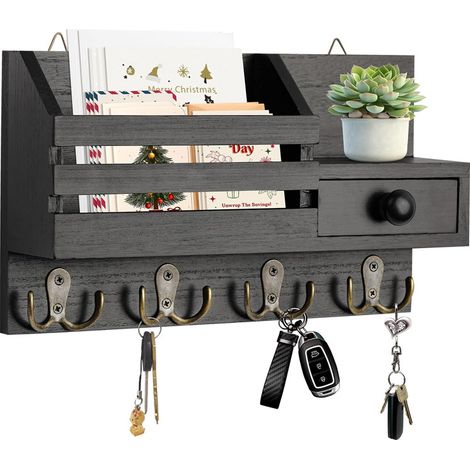 Étagère murale porte-clés en bois, Rangement pour courrier et clés – Avec tiroir et petite tablette – 8 crochets – 2 méthodes d’installation