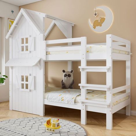 Lit superposé enfant 90x200, sécurité garde-corps lit cabane, échelle sécurisée, sommier bois (1/5)