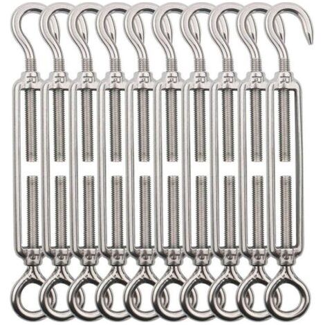Tendeur M5 à crochet et œillet. Tendeur en acier inoxydable (lot de 10). Tendeurs robustes et réglables pour fils de jardin, fils de clôture et luminaires extérieurs suspendus. (1/5)
