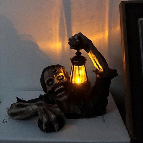 Statue Résine - Décoration Halloween Intérieur Extérieur - Lanterne Lumineuse avec Piles - 15 x 11 x 20 cm - 1 Pièce (1/5)