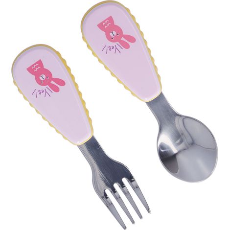 Ensemble de 2 couverts pour enfants, mignons, ignifugés, antidérapants et isolants thermiques, en acier inoxydable 304, rose. Cuillère et fourchette idéales pour la cuisine. (1/5)