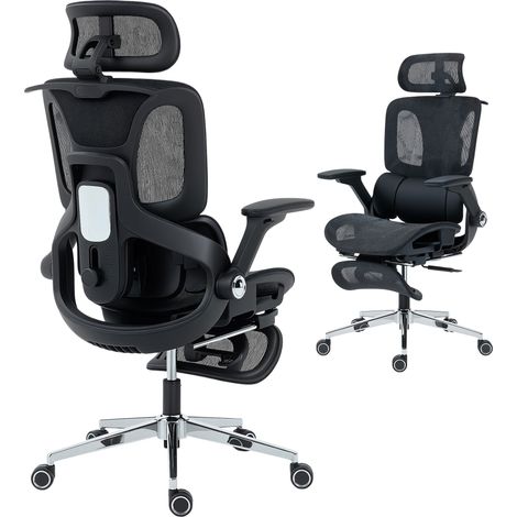 HOMCOM silla de oficina ergonómica con reposapiés, respaldo reclinable alto, soporte lumbar, de malla, reposabrazos y reposacabezas ajustable, ruedas (1/5)
