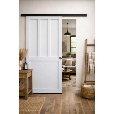 Porta scorrevole Officina 2 pannelli bianchi, larghezza 73 +binario in alluminio nero + 2 gusci installati