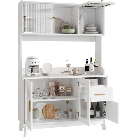 Buffet haut 120 x 40 x 178 cm blanc avec grand espace de rangement, prises intégrées, ports USB-A et USB-C, façade acrylique effet vague, CHICFURN (1/5)