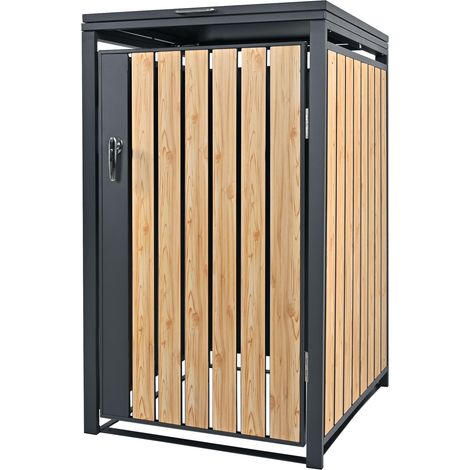 ML-Design Cobertizo Para Ocultar Cubo de Basura 240L Antracita Aspecto Madera Alerce 68 x 80 x 116,3 cm Caseta de Acero Para Jardín Exterior Contenedor Resistente Caja Con Tapa Abatible y Cerradura (1/5)
