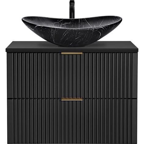Badezimmer Waschtisch, 81cm, matt schwarz gerillt mit Keramik-Waschbecken schwarz marmoriert ADELAIDE-56-BLACK, B/H/T ca. 80,6/74,7/46,5 cm (1/5)