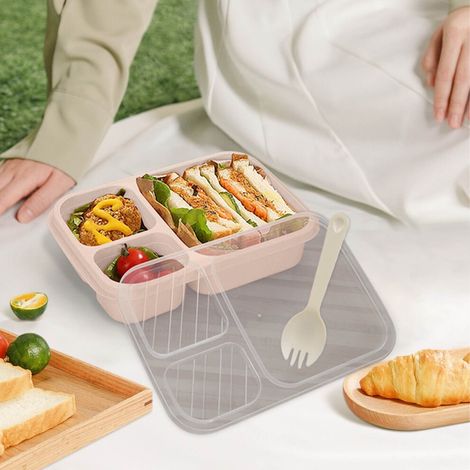 Fiambrera bento de tres compartimentos: reutilizable y apta para microondas.
