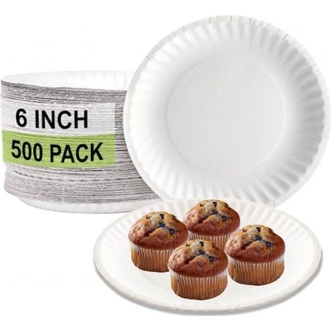 500 Assiettes en papier, 6 pouces, compostable, micro-ondable, blanc, pour fêtes et pique-niques (1/5)