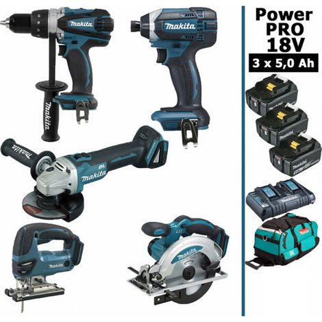 Pack Makita Power PRO 5 outils 18V: DDF458 + DGA504 + DTD152 + DJV180 + DSS610 + 3 batt 5Ah + sac (1/5)