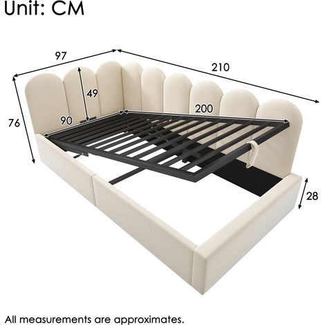Canapé convertible 90x200 cm, canapé-lit pour enfant avec coffre de rangement hydraulique, sommier en métal, revêtement velours beige, livré sans matelas