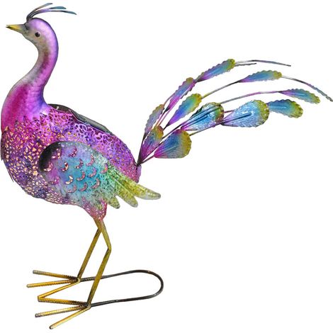 Solar Gartenskulptur für Außen Gartendeko Figur Terrassen Skulptur Akku im Pfau Design, Metall bunt, LED, LxBxH 62x32x55 cm
