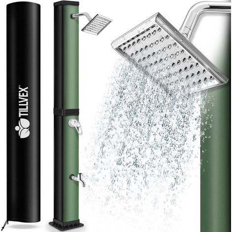 tillvex Douche solaire 20 - 35 litres - Housse de protection incluse, Douche de jardin solaire - Douche de jardin chaude - Sans raccordement électrique - Avec robinet et pommeau de douche de pluie