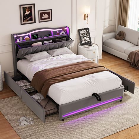 Polsterbett 140 x 200 cm mit Schubladen für Erwachsene, grauer Samt, Lattenrost und LED – modernes Doppelbett mit Stauraum-Kopfteil und Ladestation