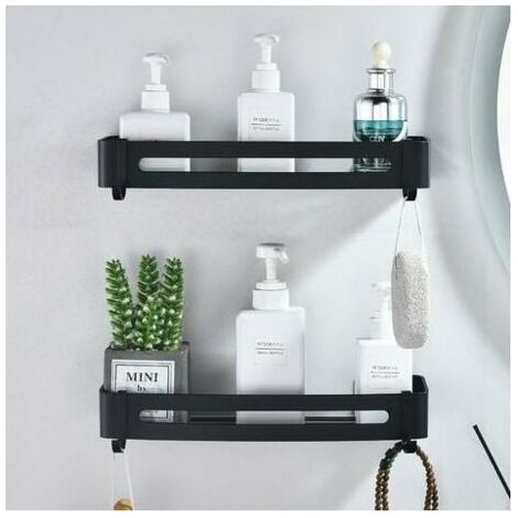Étagère de rangement de salle de bain à 2 niveaux en aluminium noir, sans perçage, durable et sans peinture. (1/5)