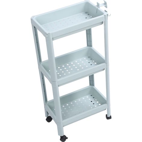 Étagère de rangement au sol pour salle de bain, étagère ouverte, étagère d'angle autoportante, étagère de rangement bleue nordique à 3 niveaux (avec roulettes) (1/5)