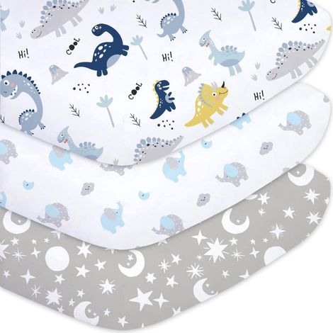 Lot de 3 Draps Housse Bébé 70x140 cm, Microfibre Polyester, Certifiés Oeko-TEX, Universels pour Lit et Berceau, Motif Dinosaure (1/5)