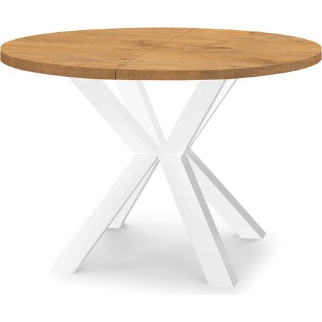 Table de salle à manger ronde extensible RAL avec pieds en bois, style loft, industriel, diamètre : 110 / 210 cm, couleur :Lancelot / blanc (1/4)